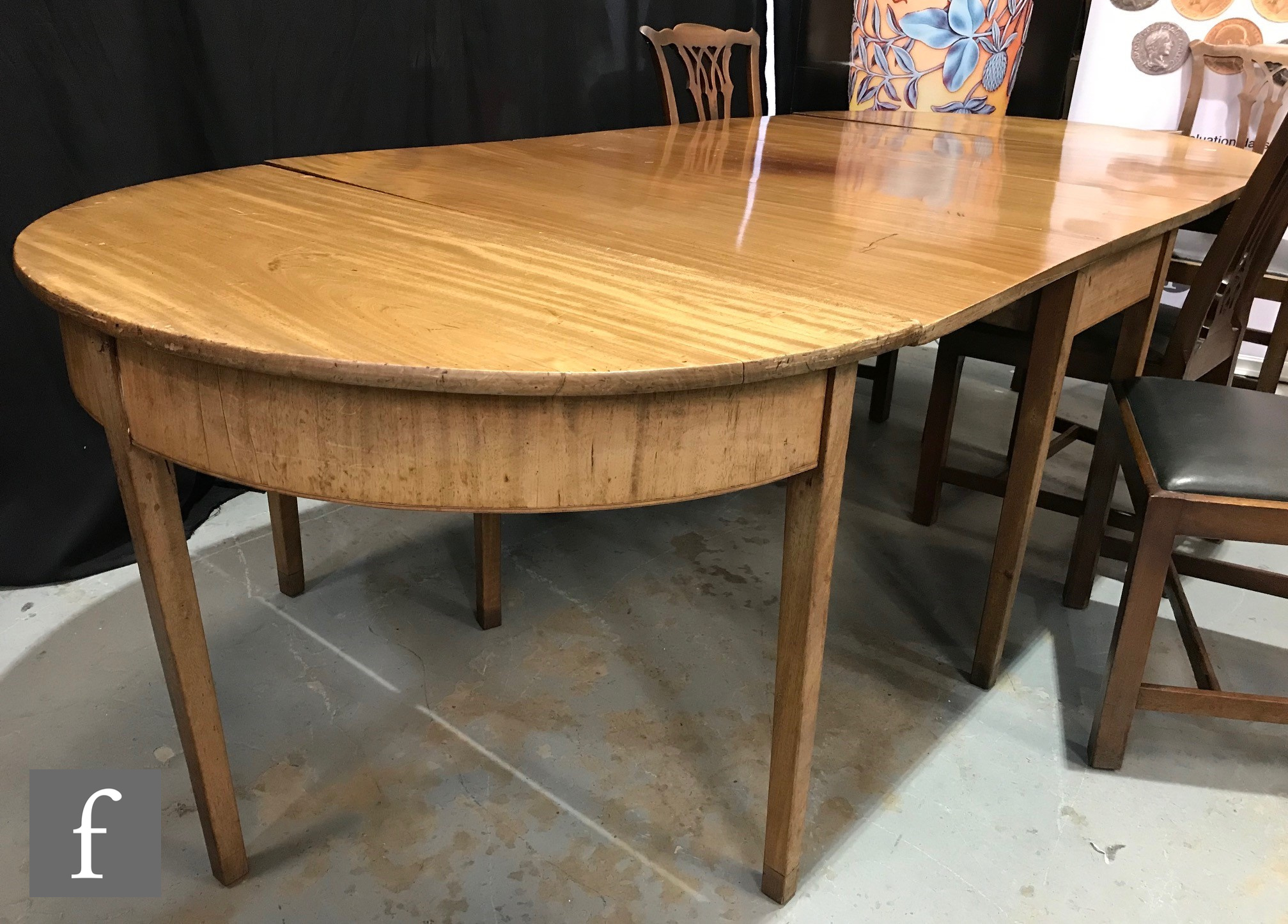 A George III mahogany D end extending dining table on square tapering legs, height 76cm x width - Image 3 of 3