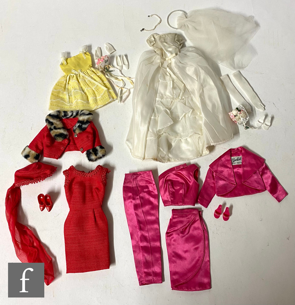 Four 1960s Mattel Barbie fashions, Matinee Fashion comprising red sheath dress, fur trimmed