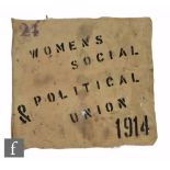 A beige cloth banner printed in black ink 'Womens Social & Political Union 1914', No 24 in purple
