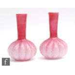 A pair of late 19th Century quilted satin air trap vases, each of lobed globe and shaft form,