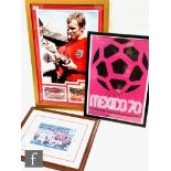 A Bobby Moore three photograph montage one signed, 80cm x 55cm, certificate on reverse, a 1970