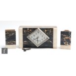 An Art Deco French figured marble clock garniture of cubic form, diamond bezel dial, S/D. (3)