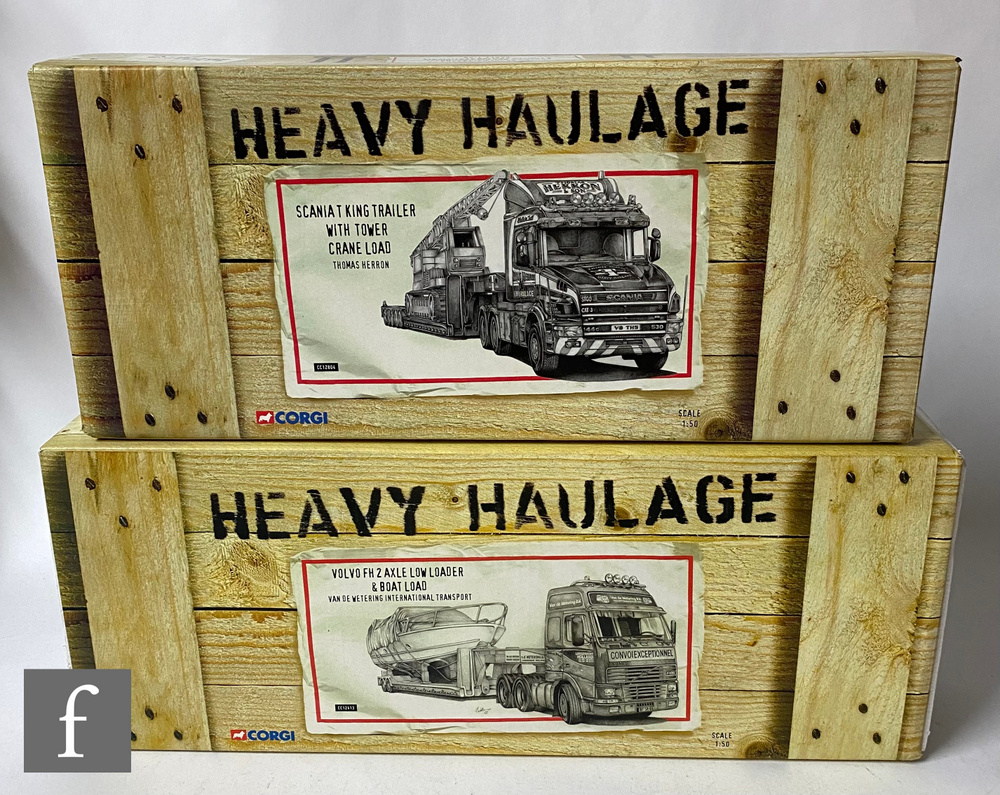 Two Corgi Heavy Haulage 1:50 scale diecast models, CC12804 Thomas Herron Scania King Trailer with