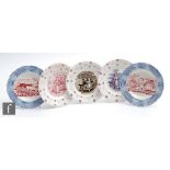 Five 19th Century nursery plates each with a transfer decorated central roundel within moulded