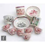 A set of six 19th Century Dawson teabowls and saucers each decorated with a red and white transfer