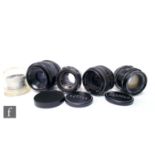 A collection of vintage camera lenses, to include Asahi Pentax Super-Takumar 55mm f1.8 no.