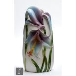 A later 20th Century vase in the Art Nouveau style, the white body with a moulded purple lily and