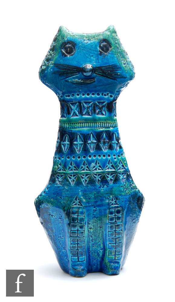 A large Bitossi model of a seated cat decorated with incised and impressed repeat patterns and