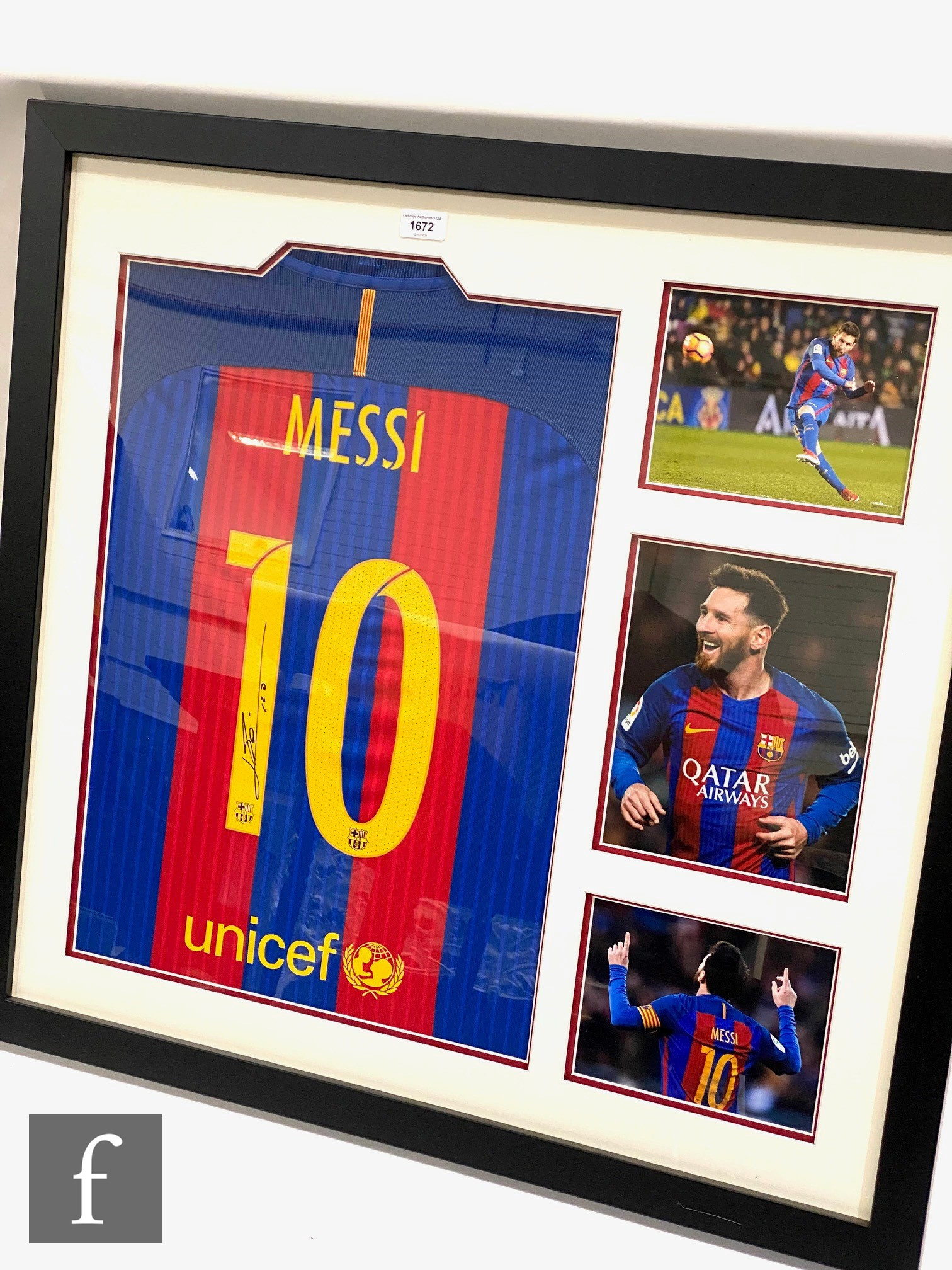 A Barcelona football shirt signed by Messi and three action shots, certificate to reverse, 81cm x