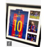 A Barcelona football shirt signed by Messi and three action shots, certificate to reverse, 81cm x