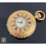 A 15ct half hunter crown wind pocket watch, Roman numerals to a white enamelled dial, case