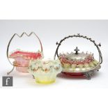 A late 19th Century cranberry glass preserve bowl with clear crystal and citron applied trim,