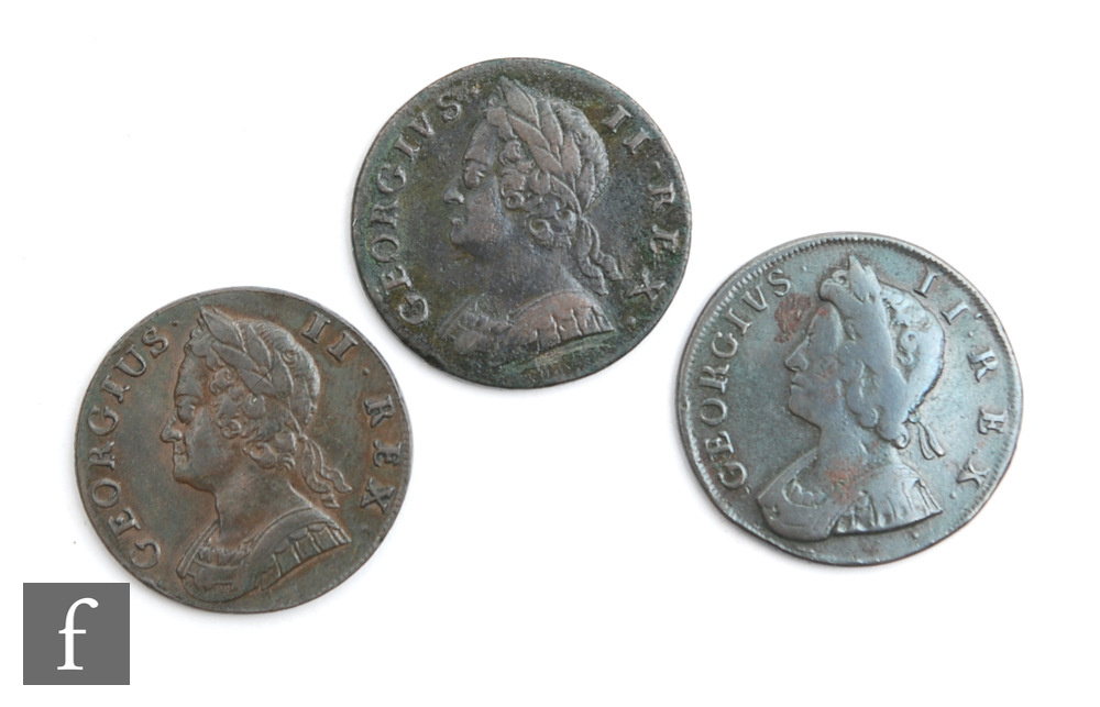 Three George II halfpennies 1733, 1740 and 1747. (3)