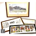 A cricket action print signed by Denis Lillee and Jeff Thomson, 39cm x 62cm, framed, an action print
