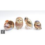 Four boxed Royal Crown Derby paperweights comprising a kingfisher, little owl, barn owl and a