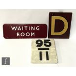 A Waiting Room enamel sign, white on maroon, 15cm x 46cm, a 95-II painted black and white wooden