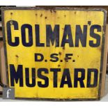 An original Colmans DSF Mustard enameled sign, black on yellow, 92cm x 97cm.