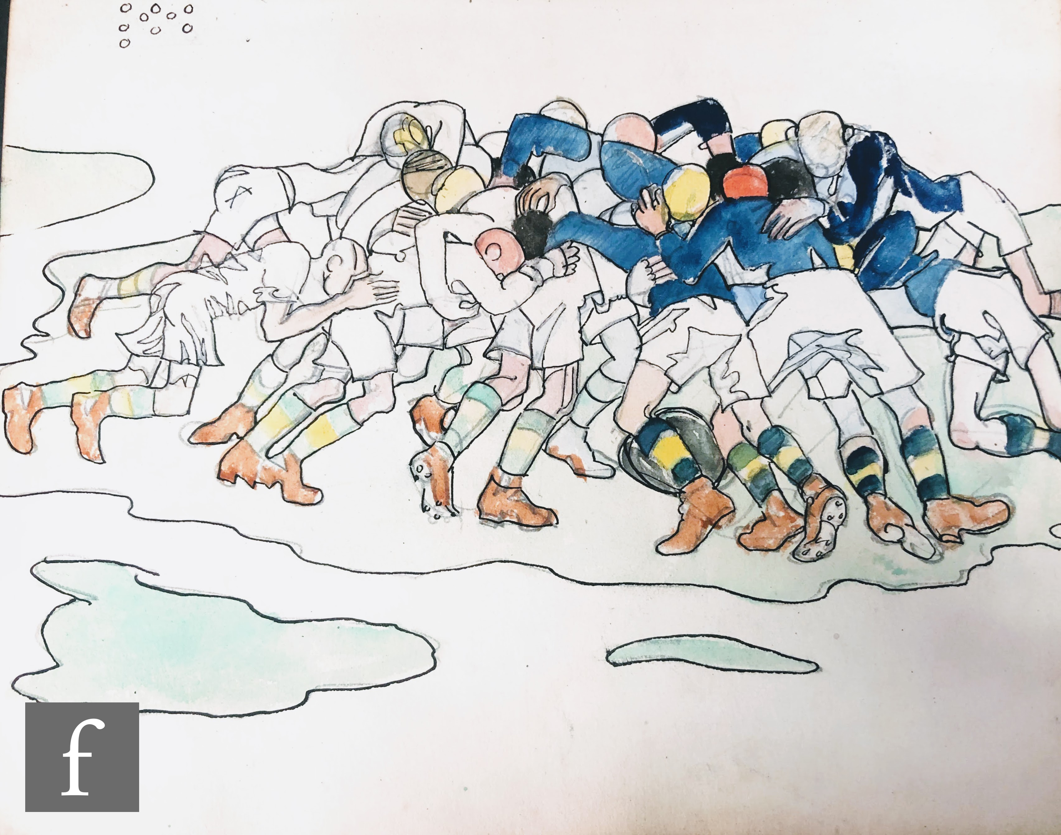 ALBERT WAINWRIGHT (1898-1943) - A sketch depicting a group of young men playing rugby in full scrum,