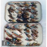 A Malloch's japanned metal hinged lid fly tin containing a collection of approximately forty