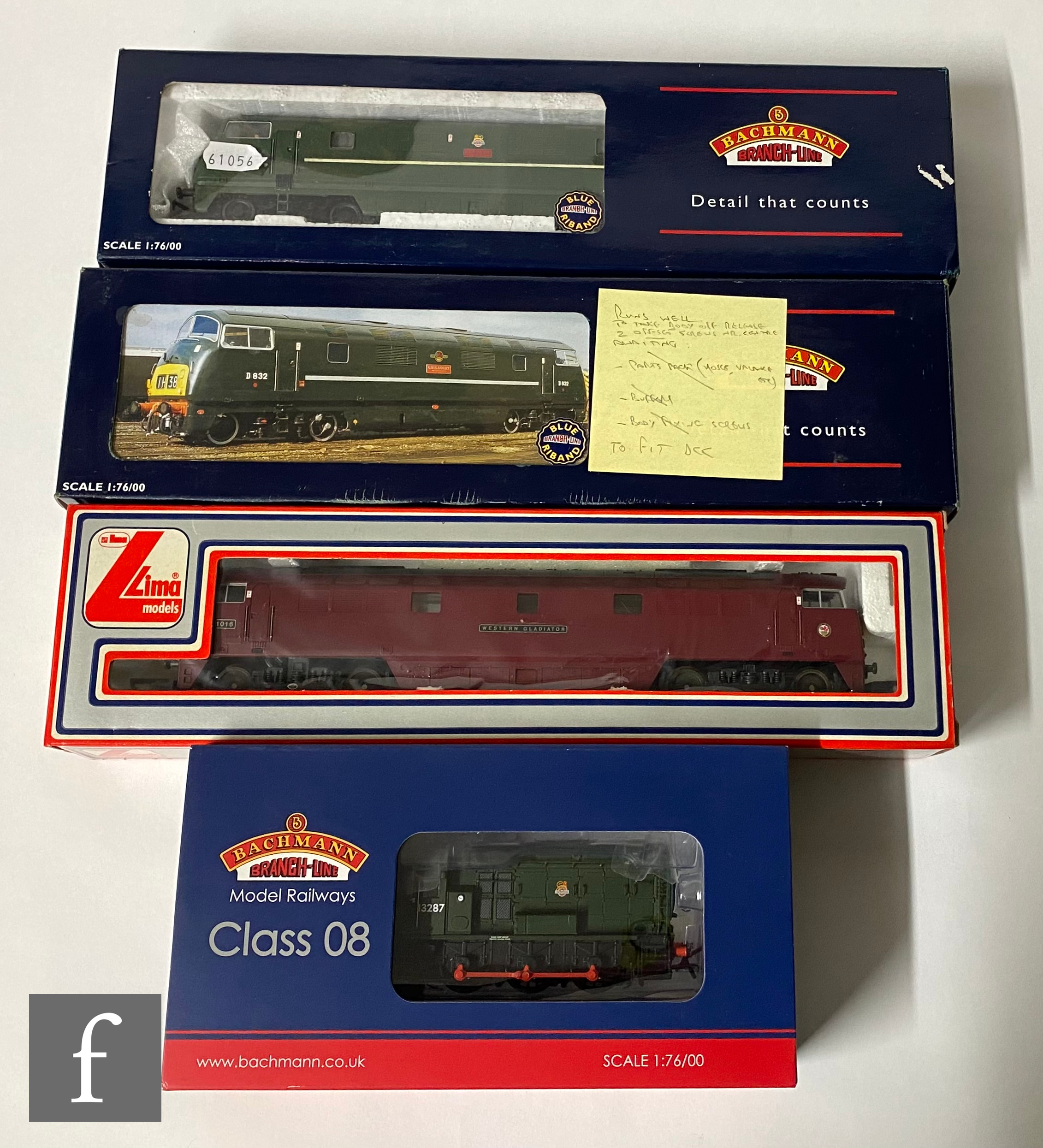 Four OO gauge diesel locomotives, comprising Bachmann 32-120 DCC Ready Class 08 BR green 13287,