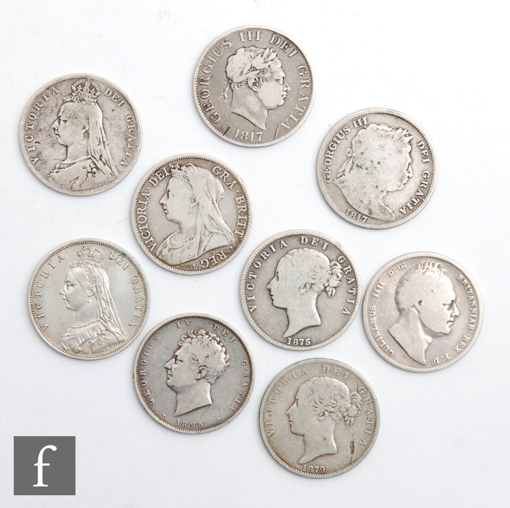 Nine George III to Victoria halfcrowns 1817 x2, 1825, 1836, 1875, 1879, 1887, 1891 and 1898. (9)