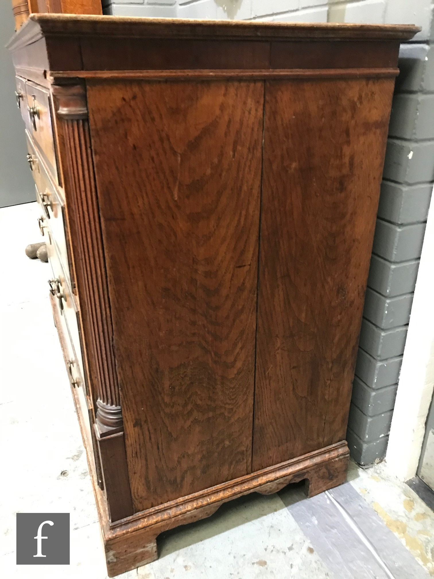 A George III oak and mahogany crossbanded chest of two short and three long drawers, brass drop - Image 5 of 9