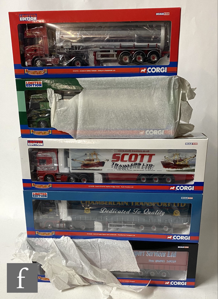 Five Corgi Hauliers of Renown 1:50 scale diecast models, comprising CC13705 Scott Trawlers Scania