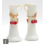 A pair of late 19th Century Rustic form posy vases of tapered sleeve form in opal with pulled