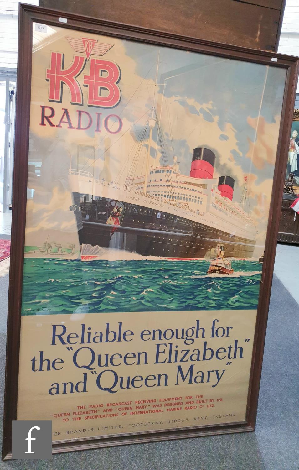 A large pictorial advertising poster of the Queen Mary at full steam for KB (Kolster-brand) radio,