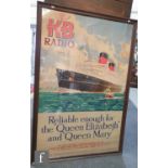 A large pictorial advertising poster of the Queen Mary at full steam for KB (Kolster-brand) radio,