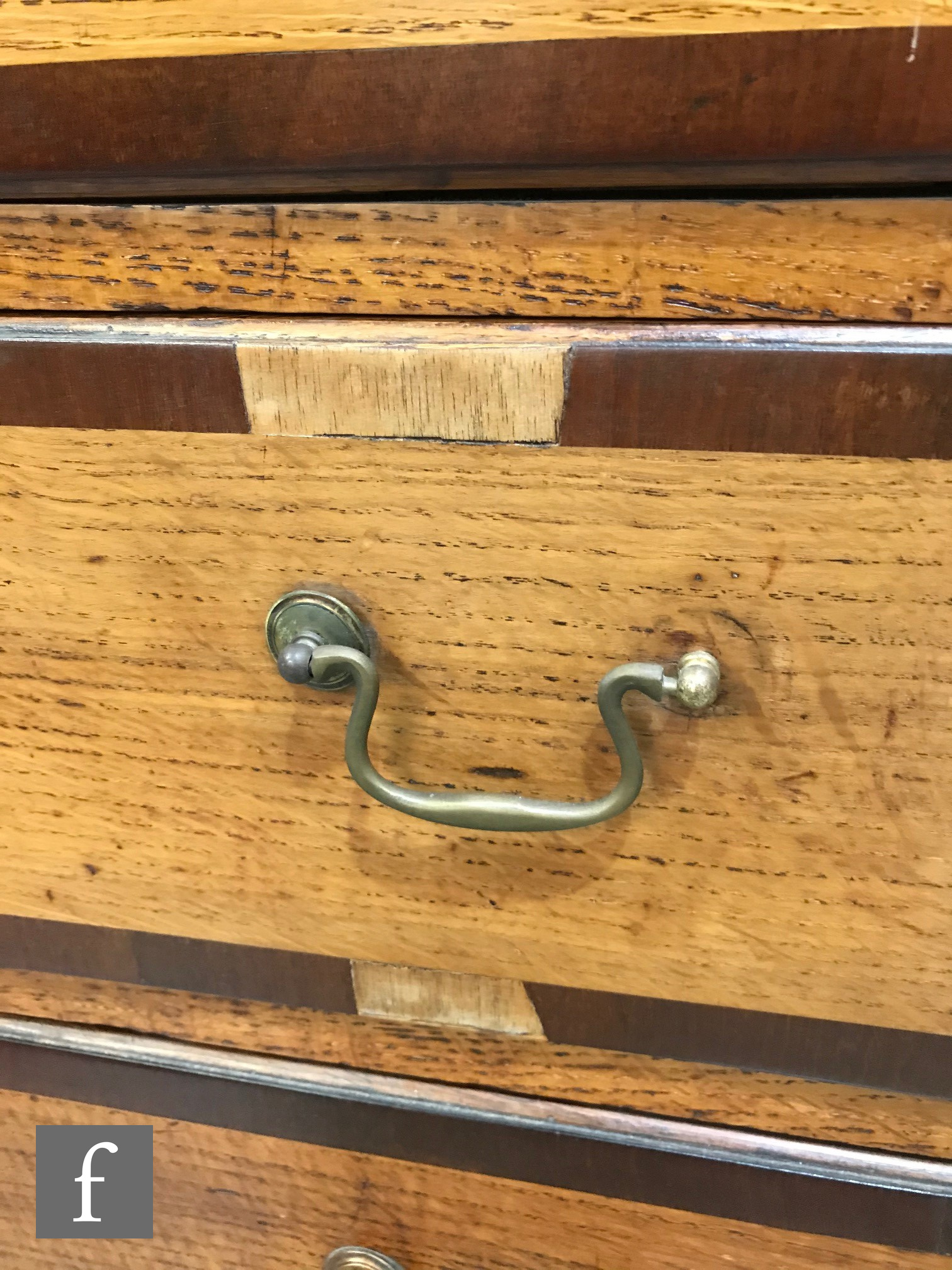 A George III oak and mahogany crossbanded chest of two short and three long drawers, brass drop - Image 4 of 9