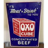 A reproduction Oxo pictorial enamel advertising sign 'It's Meat & Drink to you' the text in white