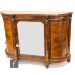 A 19th century crossbanded line inlaid bow front walnut credenza with beaded and gilt