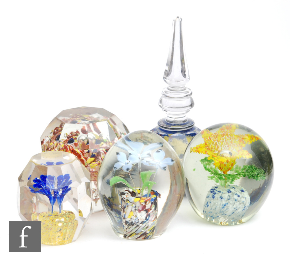 A collection of five early 20th Century Silesian or Bohemian paperweights, including torpedo,