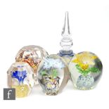 A collection of five early 20th Century Silesian or Bohemian paperweights, including torpedo,