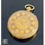 An 18ct open faced key wind pocket watch, Roman numerals to a gilt dial, case diameter 38mm, gold