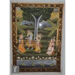 INDIAN SCHOOL (LATE 19TH CENTURY) - A deity with attendants in a garden, gouache on silk, framed,