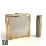 A mid 20th Century hallmarked silver square compact and matched lipstick holder, each with engine