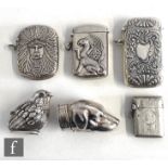 Five modern Sterling silver vesta cases one modelled as a seated chick, with an earlier engine