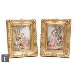 A pair of late 20th Century framed plaques each decorated with Watteau-esque scenes of courting