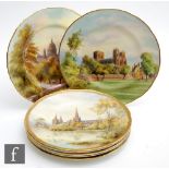 Seven assorted Royal Worcester cabinet plates, transfer decorated and hint tinted with scenes of