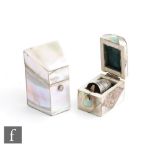 Two 19th Century thimble cases, a mother of pearl tapering rectangular example, height 6cm, and a