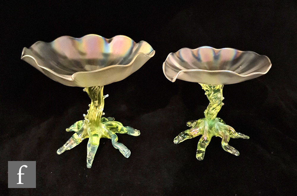 A late 19th Century John Walsh Walsh tazza, the leaf form dish in an iridescent pearl finish