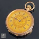 A 9ct crown wind, open faced pocket watch, Roman numerals to a gilt dial, case diameter 34mm,