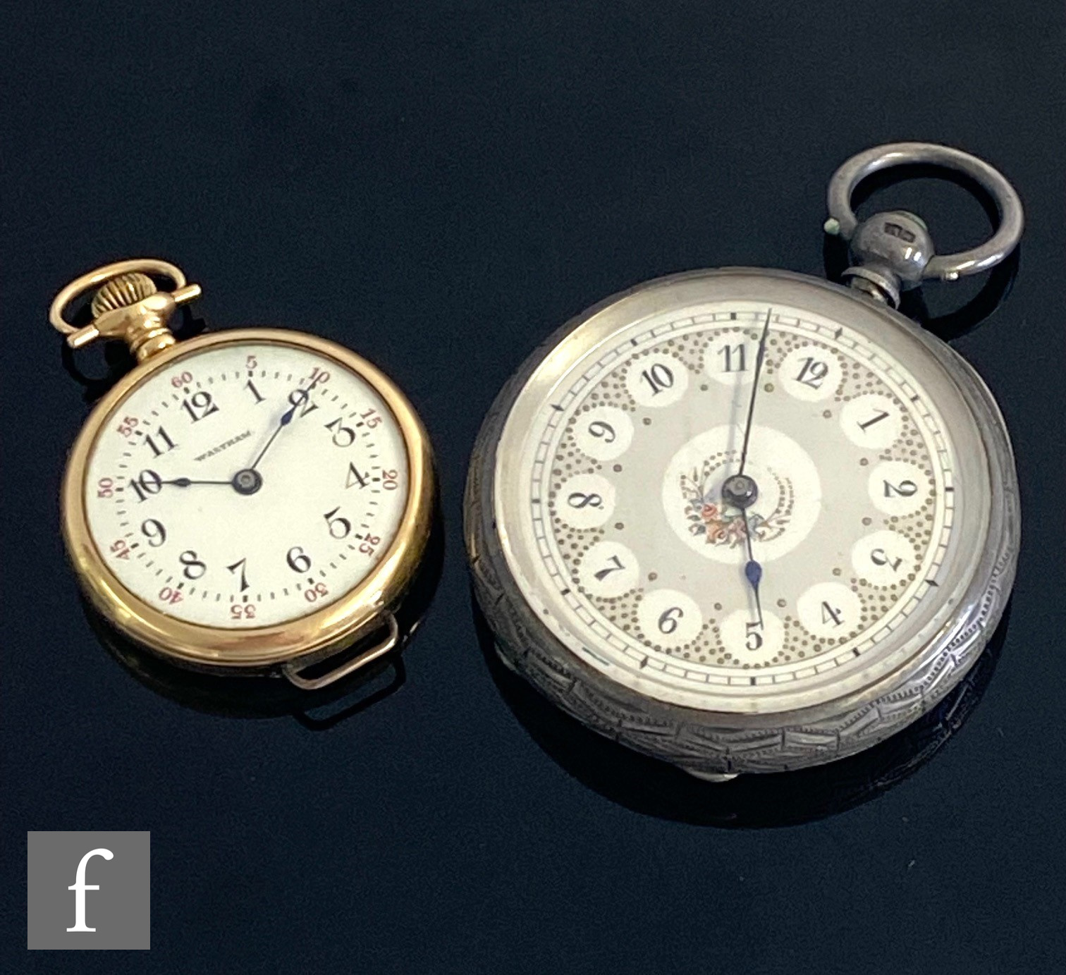 An early 20th Century 14ct Waltham crown wind, open faced pocket watch, Arabic numerals atop a white