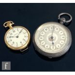 An early 20th Century 14ct Waltham crown wind, open faced pocket watch, Arabic numerals atop a white