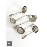 Five assorted hallmarked silver shifter spoons to include Victorian and later examples, various