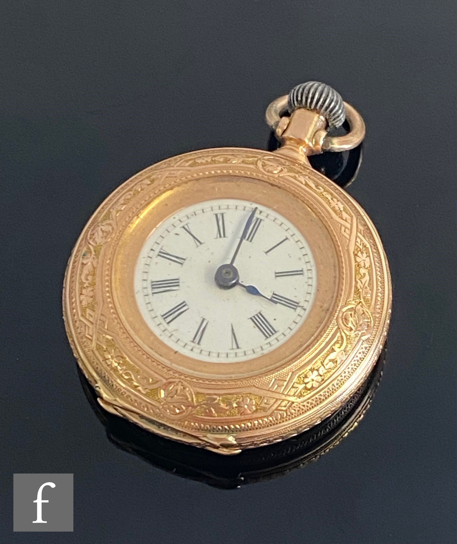 An early 20th Century 14ct open faced crown wind fob watch, Roman numerals to a white enamelled dial
