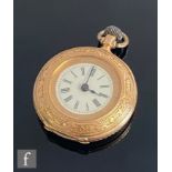 An early 20th Century 14ct open faced crown wind fob watch, Roman numerals to a white enamelled dial