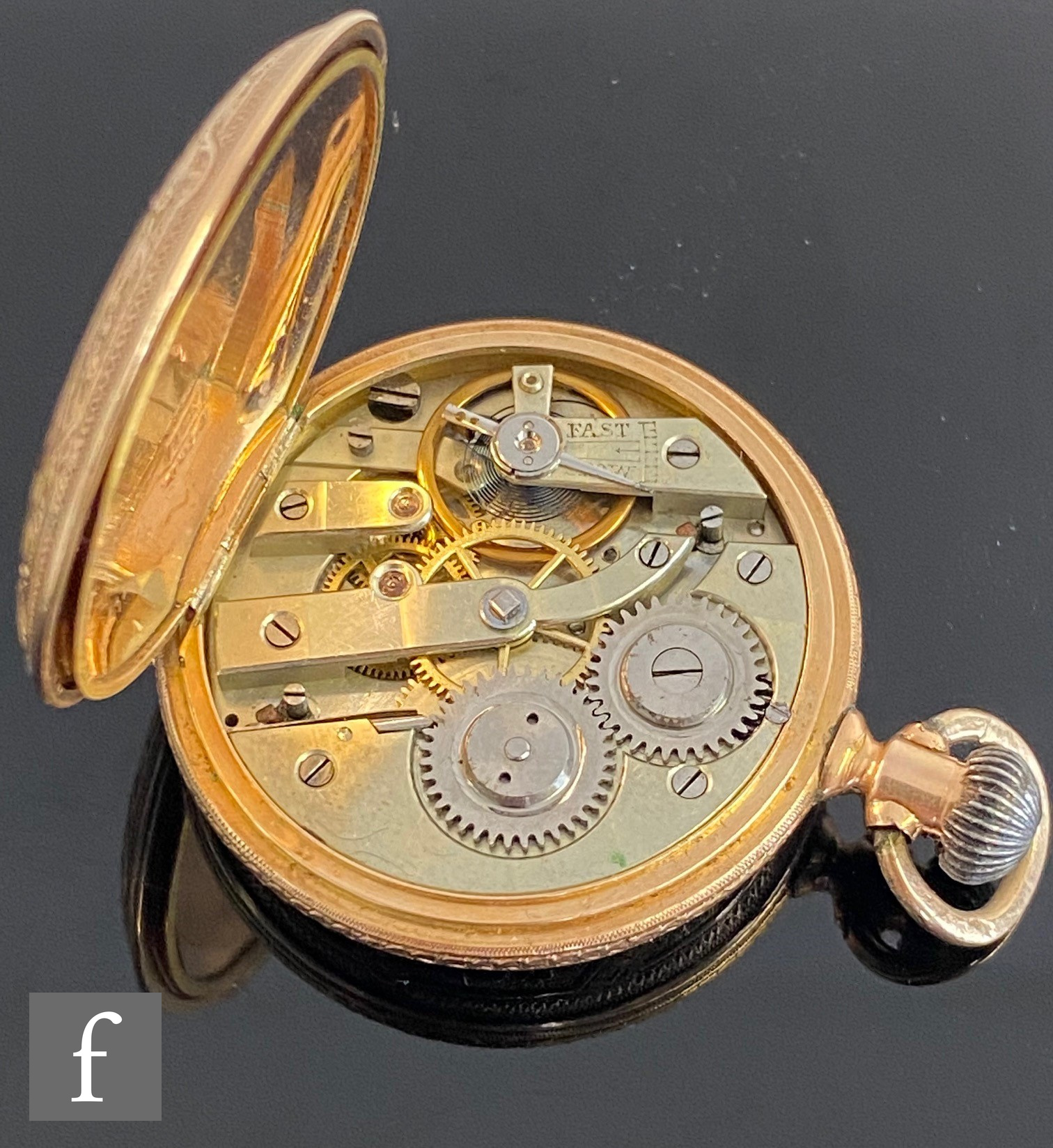 An early 20th Century 14ct open faced crown wind fob watch, Roman numerals to a white enamelled dial - Image 2 of 3